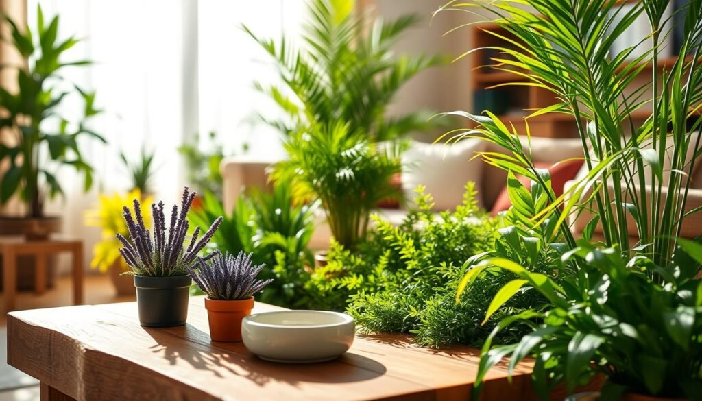 A beautifully arranged indoor garden featuring a variety of pet-friendly plants such as spider plants, Boston ferns, and bamboo palms. In the foreground, a cozy, rustic wooden coffee table holds a small potted lavender and a cute ceramic water dish for pets. The middle ground showcases the lush greenery of the plants, bathed in bright natural light filtering through a large window with sheer white curtains. In the background, a soft-focus living room setting is visible, with warm tones and comfortable furniture, creating a safe and inviting atmosphere. The lighting captures a soft sunlight glow, enhancing the tranquility and playfulness of the scene, with no people present, allowing the focus to remain on the pet-friendly plants.
