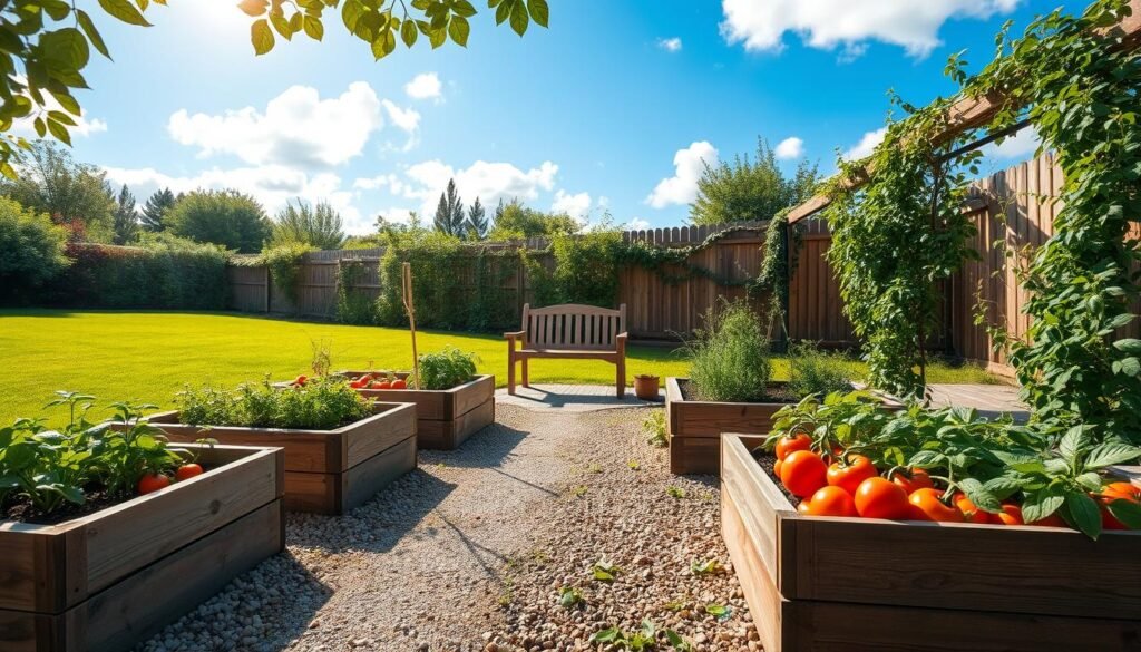 A beautifully arranged layout of small raised garden beds in a cozy backyard setting. The foreground features multiple wooden raised beds filled with vibrant vegetables and herbs, such as tomatoes, peppers, and basil, showcasing a variety of colors and textures. In the middle ground, a neat gravel pathway winds between the beds, leading to a small seating area with a rustic wooden bench. The background includes a lush green lawn and a wooden fence, partially covered with climbing vines, under a bright blue sky with fluffy white clouds. Soft sunlight filters through the leaves, creating a warm, inviting atmosphere. Capture this scene with a slightly elevated angle to emphasize the garden's layout, highlighting both the structure of the beds and the flourishing plants within them.