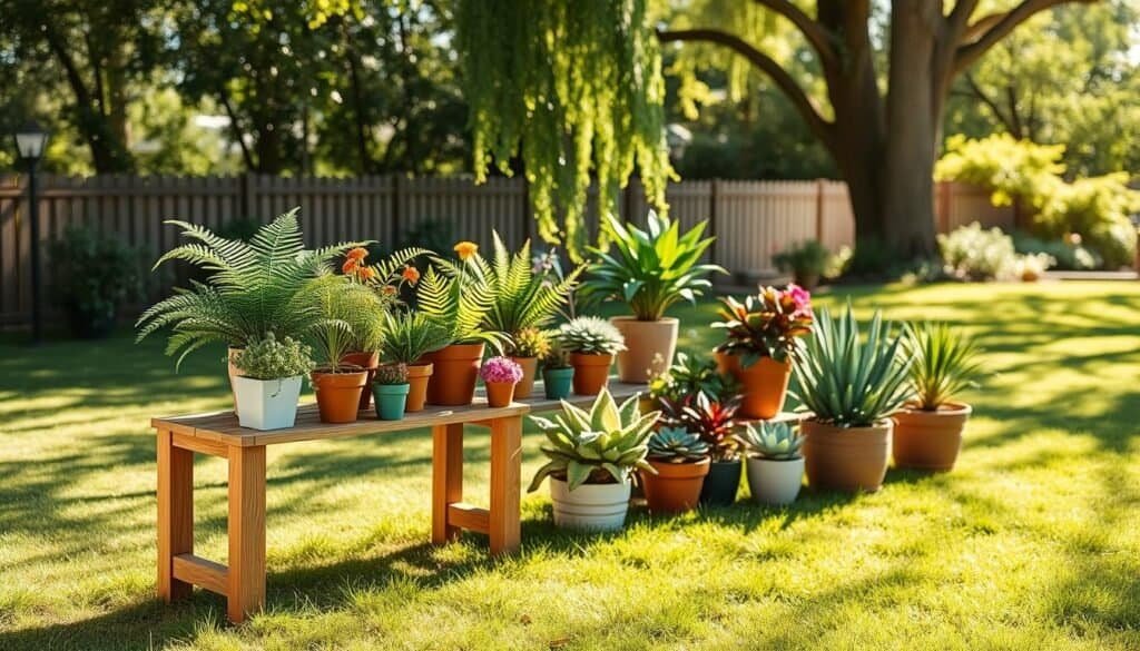A beautifully arranged outdoor scene featuring a simple wooden plant stand, elegantly showcasing an array of vibrant potted plants in different shapes and sizes. In the foreground, the stand is made of light oak with a smooth finish, and the plants include lush ferns, colorful flowers, and succulents artfully arranged to create visual interest. The middle ground captures the plant stand set against a backdrop of a serene backyard with a grassy lawn sprinkled with dappled sunlight filtering through the leaves of nearby trees. The atmosphere is bright and inviting, bathed in soft sunlight, evoking a sense of calm. Shoot with a shallow depth of field, focusing sharply on the stand and blurring the background slightly for a dreamy effect, thereby enhancing the beauty of the plants. A beautifully arranged outdoor scene featuring a simple wooden plant stand, elegantly showcasing an array of vibrant potted plants in different shapes and sizes. In the foreground, the stand is made of light oak with a smooth finish, and the plants include lush ferns, colorful flowers, and succulents artfully arranged to create visual interest. The middle ground captures the plant stand set against a backdrop of a serene backyard with a grassy lawn sprinkled with dappled sunlight filtering through the leaves of nearby trees. The atmosphere is bright and inviting, bathed in soft sunlight, evoking a sense of calm. Shoot with a shallow depth of field, focusing sharply on the stand and blurring the background slightly for a dreamy effect, thereby enhancing the beauty of the plants.