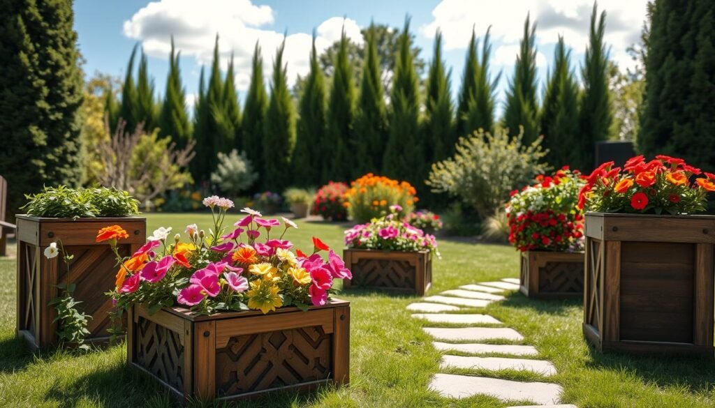 A beautifully arranged outdoor scene featuring decorative wooden planters filled with vibrant flowers, set against a serene backyard backdrop. In the foreground, intricately designed wooden planter boxes display an assortment of colorful blooms such as petunias, marigolds, and geraniums. The middle ground features a gently sloping lawn with a charming stone pathway winding through the planters, enhancing the inviting atmosphere. In the background, tall, lush greenery and a clear blue sky dotted with soft, white clouds create a tranquil mood. The lighting is bright and natural, with warm, soft sunlight casting gentle shadows that emphasize the textures of the wood and the petals. The image should be captured with a slight depth of field for a dreamy effect, inviting viewers to envision their own outdoor oasis. A beautifully arranged outdoor scene featuring decorative wooden planters filled with vibrant flowers, set against a serene backyard backdrop. In the foreground, intricately designed wooden planter boxes display an assortment of colorful blooms such as petunias, marigolds, and geraniums. The middle ground features a gently sloping lawn with a charming stone pathway winding through the planters, enhancing the inviting atmosphere. In the background, tall, lush greenery and a clear blue sky dotted with soft, white clouds create a tranquil mood. The lighting is bright and natural, with warm, soft sunlight casting gentle shadows that emphasize the textures of the wood and the petals. The image should be captured with a slight depth of field for a dreamy effect, inviting viewers to envision their own outdoor oasis.