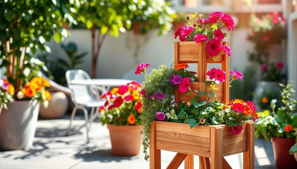 A beautifully arranged outdoor scene featuring tiered planter stands designed for small spaces. In the foreground, showcase a three-tiered wooden planter filled with vibrant flowers like petunias, marigolds, and herbs, each layer distinctively colored. The middle layer has cascading plants, adding a lush, green touch. Soft sunlight filters through the leaves, creating gentle shadows. In the background, a cozy patio area with a few modern outdoor furniture pieces is visible, blending seamlessly into a well-maintained garden. The mood is cheerful and inviting, perfect for a small urban balcony or patio setting. Use a wide-angle lens to capture the entirety of the scene and emphasize the planter's compactness in this vibrant, well-lit environment. A beautifully arranged outdoor scene featuring tiered planter stands designed for small spaces. In the foreground, showcase a three-tiered wooden planter filled with vibrant flowers like petunias, marigolds, and herbs, each layer distinctively colored. The middle layer has cascading plants, adding a lush, green touch. Soft sunlight filters through the leaves, creating gentle shadows. In the background, a cozy patio area with a few modern outdoor furniture pieces is visible, blending seamlessly into a well-maintained garden. The mood is cheerful and inviting, perfect for a small urban balcony or patio setting. Use a wide-angle lens to capture the entirety of the scene and emphasize the planter's compactness in this vibrant, well-lit environment.