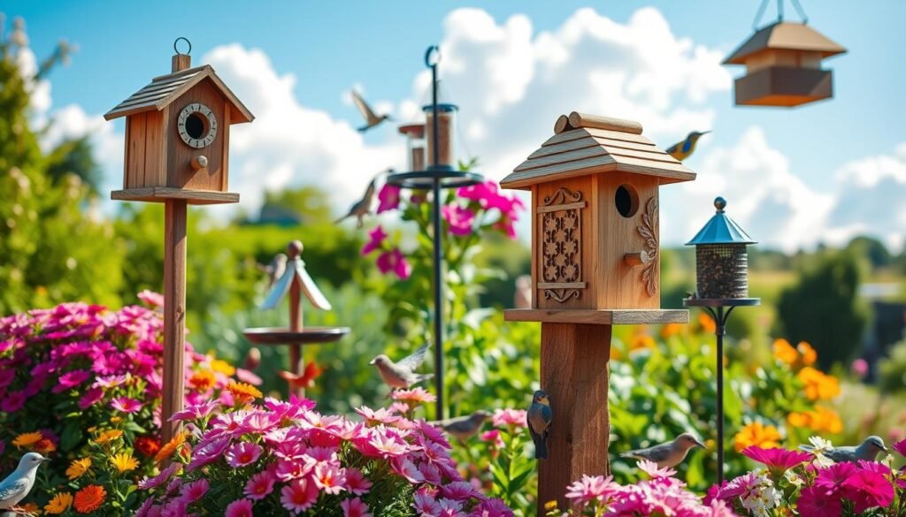 A beautifully arranged outdoor scene showcasing a variety of garden decorations ideal for attracting birds. In the foreground, a rustic wooden birdhouse with intricate carvings stands proudly on a sturdy post, surrounded by vibrant flowers and greenery. In the middle ground, various bird feeders, including a hanging seed tray and a suet cage, are artistically placed amidst a blooming butterfly bush. The background features a lush garden and a bright blue sky with soft, fluffy clouds, illuminated by warm, natural sunlight that casts gentle shadows. The overall atmosphere is serene and inviting, emphasizing eco-friendly materials and DIY aesthetics for bird lovers.