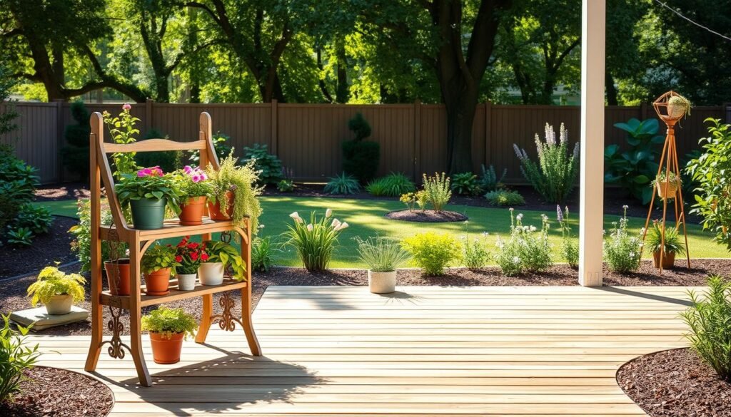 A beautifully arranged outdoor scene showcasing a weather-resistant garden plant stand, expertly crafted from durable materials, placed in a serene backyard setting. In the foreground, the plant stand holds a variety of vibrant potted plants, including colorful flowers and lush greenery, demonstrating excellent maintenance. The middle layer features a wooden deck or stone pathway leading to the plant stand, surrounded by mulched flower beds. In the background, a well-maintained garden with gentle sunlight filtering through leafy trees creates a warm, inviting atmosphere. Soft shadows enhance the textures of the wood and foliage, giving a realistic feel to the scene. Bright natural light illuminates the entire composition, emphasizing the beauty of outdoor decor and successful plant care. A beautifully arranged outdoor scene showcasing a weather-resistant garden plant stand, expertly crafted from durable materials, placed in a serene backyard setting. In the foreground, the plant stand holds a variety of vibrant potted plants, including colorful flowers and lush greenery, demonstrating excellent maintenance. The middle layer features a wooden deck or stone pathway leading to the plant stand, surrounded by mulched flower beds. In the background, a well-maintained garden with gentle sunlight filtering through leafy trees creates a warm, inviting atmosphere. Soft shadows enhance the textures of the wood and foliage, giving a realistic feel to the scene. Bright natural light illuminates the entire composition, emphasizing the beauty of outdoor decor and successful plant care.