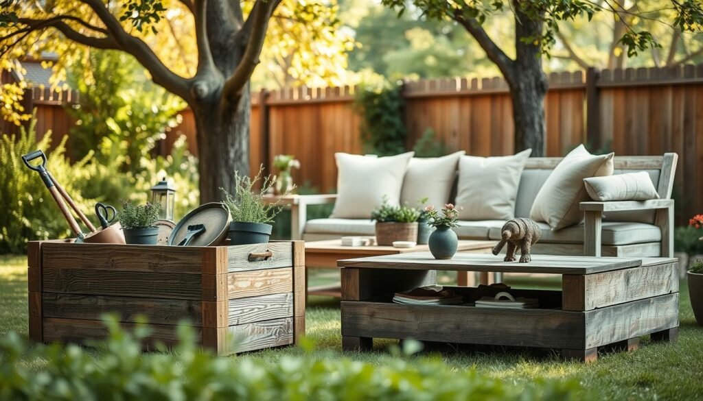 A beautifully arranged outdoor scene showcasing rustic scaffold furniture that combines both style and functionality. In the foreground, feature a handcrafted wooden storage box made from weathered scaffold planks, filled with garden tools, cushions, and decorative plants. The middle ground includes a pair of scaffold benches adorned with cozy, neutral-toned cushions, complemented by a small, rustic coffee table. In the background, lush greenery and a wooden fence create a serene atmosphere, illuminated by soft, natural sunlight filtering through tree branches. The scene conveys a calm and inviting mood, perfect for a garden retreat. The image should be captured with a shallow depth of field, emphasizing the furniture while softly blurring the background. A beautifully arranged outdoor scene showcasing rustic scaffold furniture that combines both style and functionality. In the foreground, feature a handcrafted wooden storage box made from weathered scaffold planks, filled with garden tools, cushions, and decorative plants. The middle ground includes a pair of scaffold benches adorned with cozy, neutral-toned cushions, complemented by a small, rustic coffee table. In the background, lush greenery and a wooden fence create a serene atmosphere, illuminated by soft, natural sunlight filtering through tree branches. The scene conveys a calm and inviting mood, perfect for a garden retreat. The image should be captured with a shallow depth of field, emphasizing the furniture while softly blurring the background.