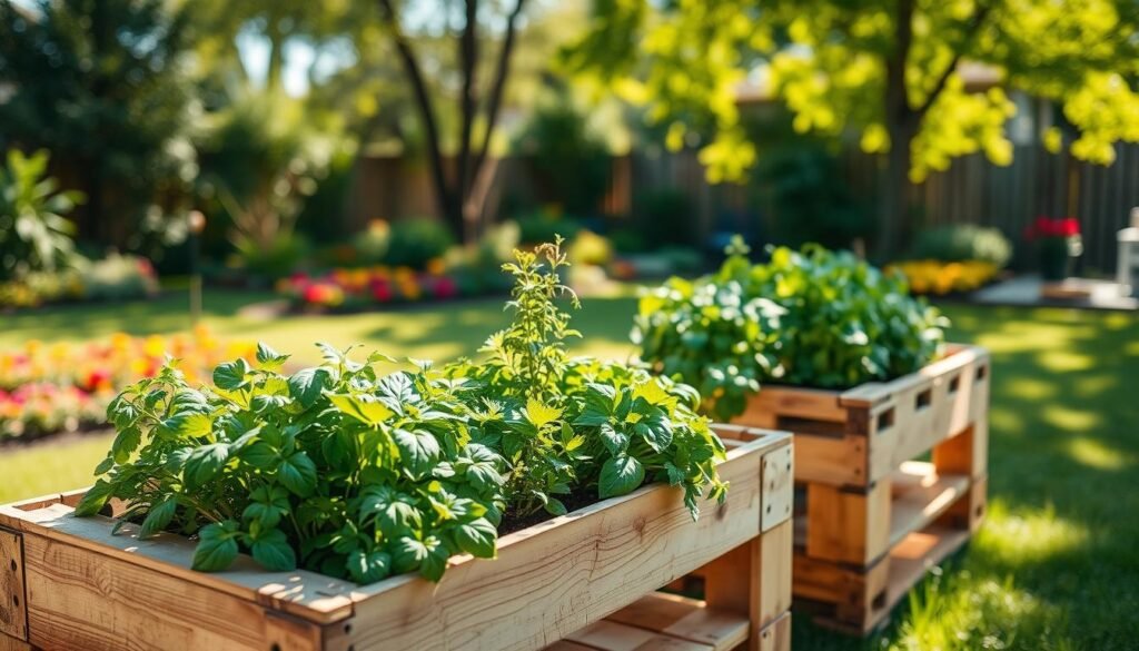 A beautifully arranged pallet garden planter in a sunny backyard setting, filled with vibrant herbs like basil, parsley, and cilantro. The planters are crafted from reclaimed wooden pallets, showcasing their rustic texture and natural color. In the foreground, the garden planter is overflowing with fresh greenery, while the mid-ground features a well-kept lawn and colorful flower beds. In the background, soft sunlight filters through the leaves of nearby trees, creating a warm and inviting atmosphere. The overall scene is bright and airy, with a focus on home gardening and creativity. Capture this image with a shallow depth of field for a soft bokeh effect, highlighting the herbs in detail against the blurred backdrop of the garden.