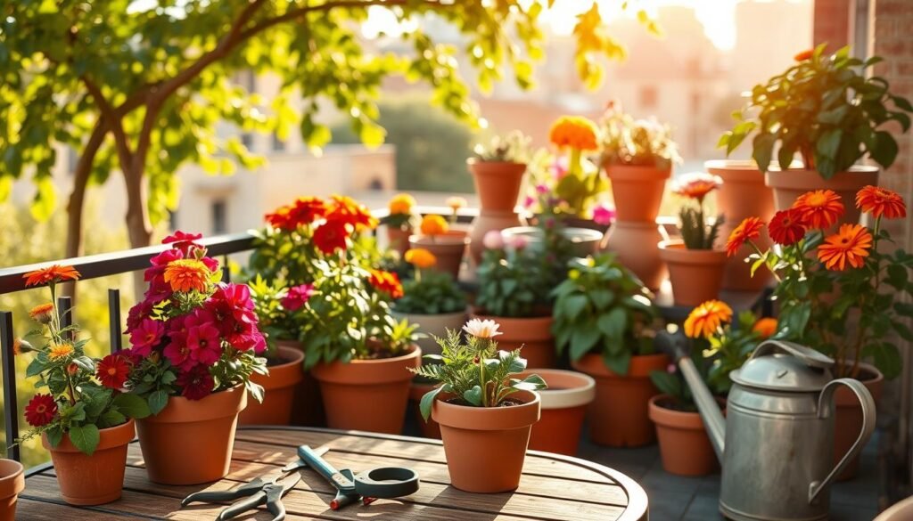 A beautifully arranged potted garden on a small balcony, showcasing vibrant seasonal flowers such as petunias and marigolds alongside lush greenery in various-sized terracotta and ceramic pots. In the foreground, a garden table with essential maintenance tools like pruning shears, gloves, and a watering can sits, inviting interaction. The middle ground features an array of colorful pots in various heights, providing a tiered effect, all bathed in warm, soft sunlight. In the background, a sunlit urban landscape creates an airy atmosphere, with hints of nearby buildings through soft leafy branches. The overall mood is fresh, inviting, and inspired by the joys of gardening, encouraging homeowners to embrace container gardening in small spaces.