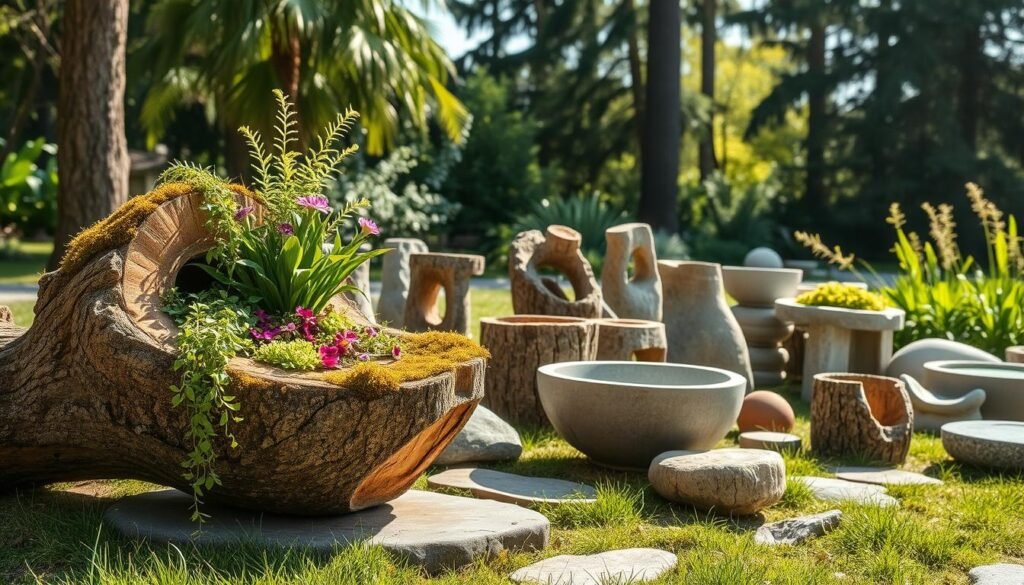 A beautifully arranged scene featuring innovative plant containers made from hollowed logs and natural stone basins. In the foreground, a rustic hollowed log, with vibrant green plants spilling over the edges, is adorned with moss and delicate ferns. Beside it, a smooth stone basin filled with colorful flowers contrasts against the log's textured surface. The middle ground showcases an assortment of smaller logs and stones, each unique, that blend seamlessly into an outdoor garden setting filled with soft, natural light. In the background, lush greenery and tall trees provide a serene, tranquil atmosphere. The scene is captured with bright natural light and soft sunlight streaming through, highlighting the organic textures and rich colors, creating a warm and inviting mood.