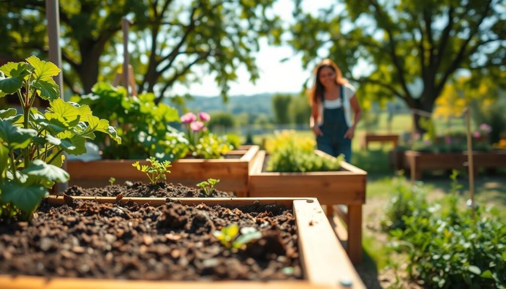 A beautifully arranged scene featuring raised garden beds elevated off the ground, made of natural wood and filled with vibrant vegetables and flowers. In the foreground, a close-up of the beds showcases rich soil and lush greenery, emphasizing the ergonomic height that allows for easy access while gardening. In the middle ground, a gardener in modest casual clothing tends to the plants, smiling and enjoying the activity in a bright, airy garden space. The background reveals a stunning landscape with soft sunlight filtering through leafy trees, creating a warm and inviting atmosphere. The image captures a sense of tranquility and connection to nature, embodying the joy of elevated gardening. The lighting is bright and natural, enhancing the colors of the plants and wood, with a slight bokeh effect giving depth to the scene.