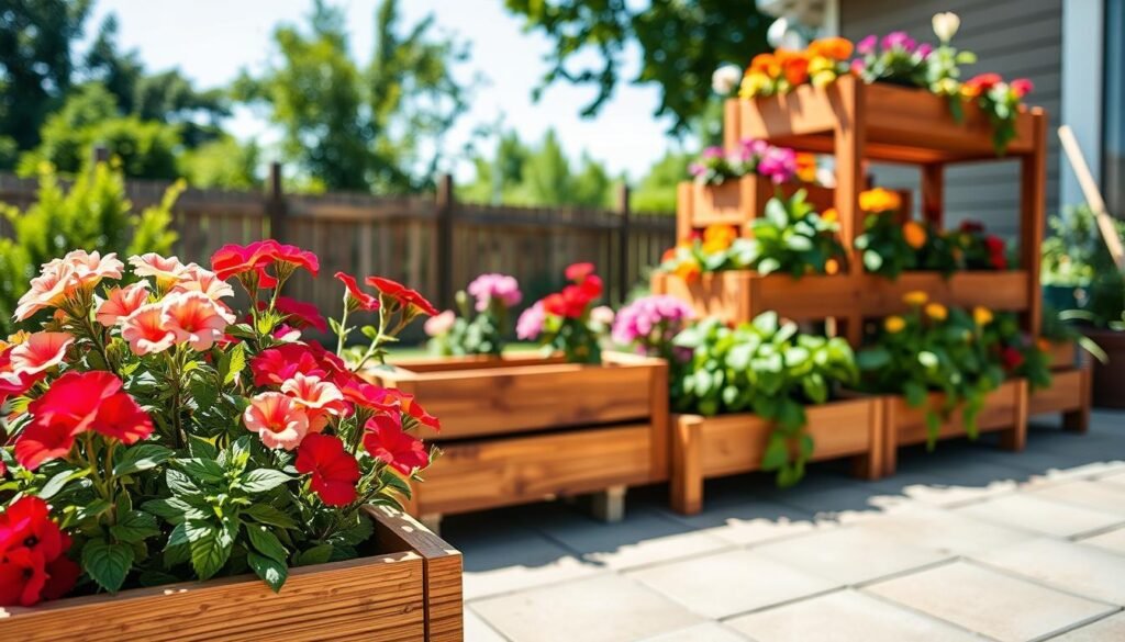 A beautifully arranged set of tiered planter boxes made from warm, stained wood, displaying a variety of colorful blooming flowers such as petunias, marigolds, and herbs like basil and mint. In the foreground, close-up views show the rich texture of the wood and vibrant flower petals basking in soft, natural sunlight. The middle section captures three staggered rows of planters, creatively incorporating different heights and widths for visual interest. In the background, a quaint backyard scene features lush greenery, a wooden fence, and a clear blue sky, enhancing the feeling of tranquility. The mood is cheerful and inviting, with bright lighting that highlights the details. The angle is slightly elevated, showcasing the entire tiered structure in a well-composed, airy setting.