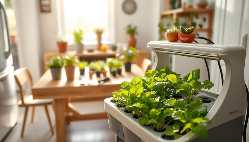 A beautifully arranged small-scale hydroponics setup in a bright, airy kitchen. In the foreground, a compact hydroponic unit featuring vibrant green lettuce and herbs, with water gently circulating through its channels. In the middle, a wooden table scattered with gardening tools and seedlings, complementing the modern, natural decor of the kitchen. The background showcases a sunlit window, filling the space with soft sunlight, and potted plants adding a touch of warmth. The scene conveys a sense of freshness and sustainability, enticing families to embrace compact gardening as a feasible food source. Use a wide-angle lens for a cozy perspective that highlights both the hydroponic system and the inviting home environment.