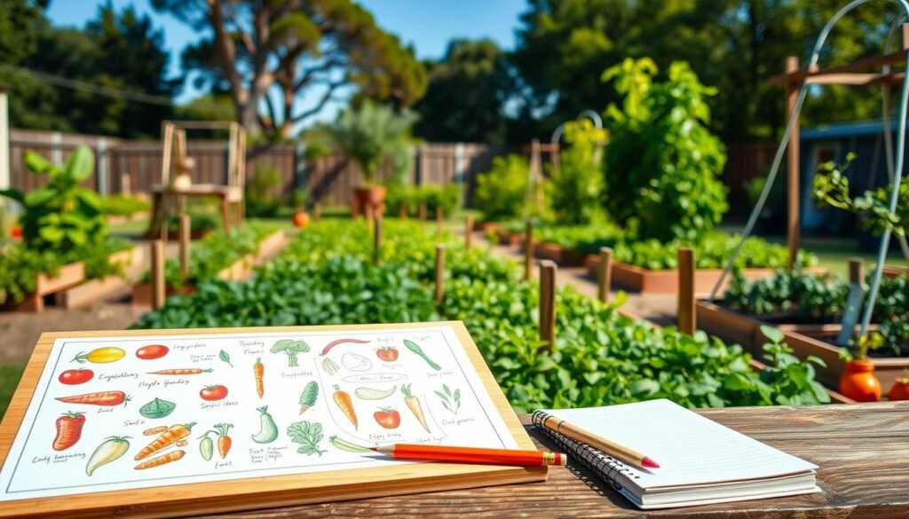 A beautifully arranged vegetable garden scene, showcasing tips for planning your garden space. In the foreground, a wooden garden planner filled with colorful sketches of vegetables like tomatoes, carrots, and herbs. Next to it, a rustic notebook with gardening notes and a pencil. In the middle ground, neatly arranged garden beds filled with vibrant green plants, surrounded by rustic wooden stakes and trellises. The background features a sunny backyard setting with lush trees and a clear blue sky, casting soft, natural light over the scene. The atmosphere is calm and inspiring, perfect for encouraging new gardeners to visualize their own vegetable garden layout.