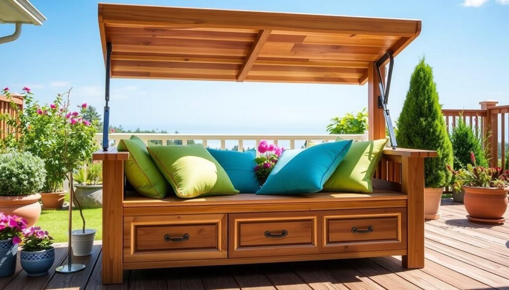 A beautifully crafted DIY deck storage seat, showcasing a wooden bench with a lift-up lid for storage, filled with colorful garden cushions. The design features natural wood grain and elegant detailing, positioned against a bright, sunny backyard setting. In the foreground, the bench is adorned with soft cushions in shades of green and blue, inviting relaxation. The middle ground reveals a well-maintained deck surrounded by lush greenery, blooming flowers, and potted plants, creating a serene atmosphere. The background features a clear blue sky, with soft sunlight casting gentle shadows, enhancing the inviting mood. Capture this scene from a slightly elevated angle for a comprehensive view, focusing on the intricate woodwork and the functionality of the storage feature. A beautifully crafted DIY deck storage seat, showcasing a wooden bench with a lift-up lid for storage, filled with colorful garden cushions. The design features natural wood grain and elegant detailing, positioned against a bright, sunny backyard setting. In the foreground, the bench is adorned with soft cushions in shades of green and blue, inviting relaxation. The middle ground reveals a well-maintained deck surrounded by lush greenery, blooming flowers, and potted plants, creating a serene atmosphere. The background features a clear blue sky, with soft sunlight casting gentle shadows, enhancing the inviting mood. Capture this scene from a slightly elevated angle for a comprehensive view, focusing on the intricate woodwork and the functionality of the storage feature.