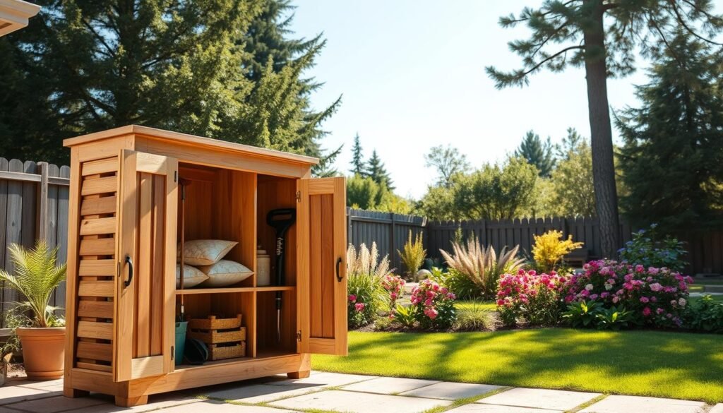 A beautifully crafted DIY outdoor storage cabinet, constructed from natural wood with a rustic finish, is prominently displayed in the foreground. The cabinet features a slatted design for ventilation and ample space for garden tools and cushions, its doors slightly ajar to reveal an organized interior. In the middle ground, a well-maintained backyard garden blooms with vibrant flowers and lush green grass, enhancing the charming atmosphere. The background showcases tall trees and a clear blue sky, illuminated by soft, natural sunlight that casts gentle shadows, creating a warm and inviting feel. The angle is slightly elevated, capturing the full height and sturdy craftsmanship of the cabinet while providing a sense of openness and harmony with nature. The overall mood is serene and functional, perfect for a backyard setting.