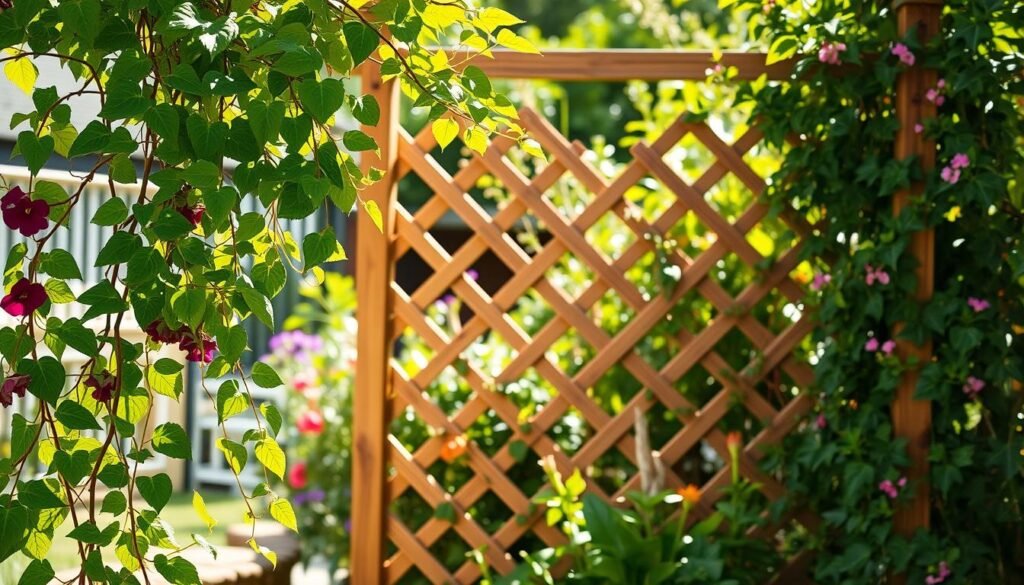 A beautifully crafted garden scene featuring an intricate lattice design for climbing plants, serving as a decorative fence panel. In the foreground, vibrant green climbing vines elegantly weave through the wooden lattice, adorned with colorful blooms cascading over the edges. The middle ground showcases the fence panel, made from natural wood, with carefully arranged geometric patterns, highlighting the craftsmanship involved. The background reveals a softly blurred garden filled with various plants, creating a lush atmosphere. The scene is illuminated by bright, natural sunlight filtering through the leaves, casting gentle shadows and enhancing the textures of the lattice and foliage. The mood is serene and inviting, ideal for a backyard retreat. Captured from a slightly elevated angle to emphasize the design detail. A beautifully crafted garden scene featuring an intricate lattice design for climbing plants, serving as a decorative fence panel. In the foreground, vibrant green climbing vines elegantly weave through the wooden lattice, adorned with colorful blooms cascading over the edges. The middle ground showcases the fence panel, made from natural wood, with carefully arranged geometric patterns, highlighting the craftsmanship involved. The background reveals a softly blurred garden filled with various plants, creating a lush atmosphere. The scene is illuminated by bright, natural sunlight filtering through the leaves, casting gentle shadows and enhancing the textures of the lattice and foliage. The mood is serene and inviting, ideal for a backyard retreat. Captured from a slightly elevated angle to emphasize the design detail.