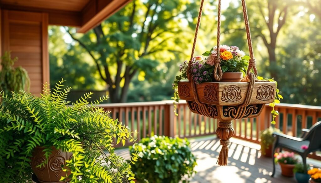 A beautifully crafted hanging plant stand, made of natural wood with intricate carvings, suspended from a porch railing by sturdy, woven ropes. In the foreground, vibrant green ferns and cascading ivy plants flourish in charming ceramic pots, while the middle showcases the rustic plant stand adorned with an assortment of colorful flowers. The background features a sun-drenched backyard with a wooden deck, soft sunlight filtering through leafy trees, creating dappled shadows on the ground. Capture this scene from a slightly elevated angle to emphasize the height and elegance of the plant stand. The mood is warm and inviting, perfect for an outdoor space designed to enhance backyard decor. A beautifully crafted hanging plant stand, made of natural wood with intricate carvings, suspended from a porch railing by sturdy, woven ropes. In the foreground, vibrant green ferns and cascading ivy plants flourish in charming ceramic pots, while the middle showcases the rustic plant stand adorned with an assortment of colorful flowers. The background features a sun-drenched backyard with a wooden deck, soft sunlight filtering through leafy trees, creating dappled shadows on the ground. Capture this scene from a slightly elevated angle to emphasize the height and elegance of the plant stand. The mood is warm and inviting, perfect for an outdoor space designed to enhance backyard decor.