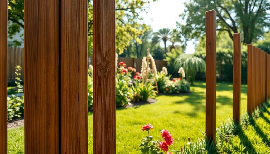 A beautifully crafted shutter-style fence panel, showcasing a rustic farmhouse aesthetic, is set in a vibrant backyard garden. In the foreground, the focus is on the weathered wooden slats of the fence, artfully arranged in a vertical pattern with a warm brown finish, slightly weathered to emphasize charm. The middle ground features blooming flowers and lush greenery, adding pops of color against the fence, while a well-maintained lawn stretches out. In the background, soft sunlight filters through nearby trees, casting gentle shadows and creating a tranquil atmosphere. The image should capture a close-up perspective, showcasing texture and detail, under bright natural light that enhances the warmth of the wood and the vibrancy of the garden. A beautifully crafted shutter-style fence panel, showcasing a rustic farmhouse aesthetic, is set in a vibrant backyard garden. In the foreground, the focus is on the weathered wooden slats of the fence, artfully arranged in a vertical pattern with a warm brown finish, slightly weathered to emphasize charm. The middle ground features blooming flowers and lush greenery, adding pops of color against the fence, while a well-maintained lawn stretches out. In the background, soft sunlight filters through nearby trees, casting gentle shadows and creating a tranquil atmosphere. The image should capture a close-up perspective, showcasing texture and detail, under bright natural light that enhances the warmth of the wood and the vibrancy of the garden.
