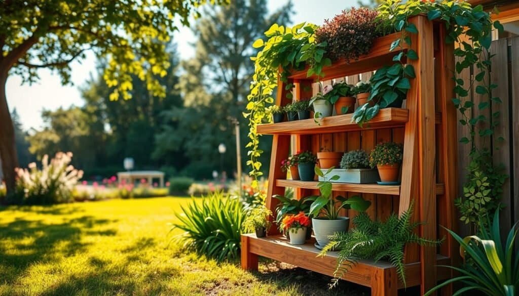 A beautifully crafted tiered wooden plant shelf nestled in a vibrant backyard setting. The shelf has three levels, showcasing an array of lush green plants in various sizes, from cascading ivy to colorful flowering pots. In the foreground, the rich texture of the wood is highlighted by soft, warm sunlight filtering through nearby trees, casting gentle shadows. The middle section features the plant stand surrounded by lush grass, with a flower patch adding pops of color. In the background, a clear blue sky enhances the peaceful outdoor atmosphere. The image captures the essence of DIY outdoor decor, emphasizing the vertical space utilization, with a focus on warmth and inviting natural light to create a serene, inspiring mood. A beautifully crafted tiered wooden plant shelf nestled in a vibrant backyard setting. The shelf has three levels, showcasing an array of lush green plants in various sizes, from cascading ivy to colorful flowering pots. In the foreground, the rich texture of the wood is highlighted by soft, warm sunlight filtering through nearby trees, casting gentle shadows. The middle section features the plant stand surrounded by lush grass, with a flower patch adding pops of color. In the background, a clear blue sky enhances the peaceful outdoor atmosphere. The image captures the essence of DIY outdoor decor, emphasizing the vertical space utilization, with a focus on warmth and inviting natural light to create a serene, inspiring mood.