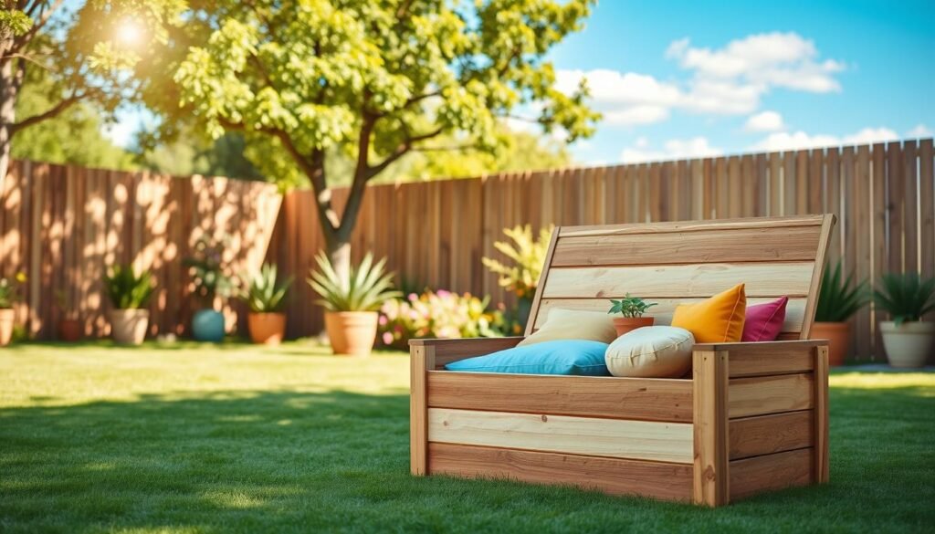 A beautifully crafted waterproof outdoor storage box for garden cushions, positioned in a sunlit backyard. In the foreground, the storage box features a sleek design with a natural wood finish, showcasing the grain and texture, and is partially open, revealing neatly organized cushions in vibrant colors. The middle ground features a well-manicured lawn and potted plants, adding greenery and warmth. In the background, a wooden fence and a clear blue sky with soft clouds create a serene atmosphere. The scene is bathed in bright, natural light with soft sunlight filtering through the leaves of nearby trees, giving a relaxed and inviting mood. The image is captured from a slightly elevated angle to provide a clear view of the box and its contents, emphasizing the practicality and aesthetic appeal of this simple storage solution. A beautifully crafted waterproof outdoor storage box for garden cushions, positioned in a sunlit backyard. In the foreground, the storage box features a sleek design with a natural wood finish, showcasing the grain and texture, and is partially open, revealing neatly organized cushions in vibrant colors. The middle ground features a well-manicured lawn and potted plants, adding greenery and warmth. In the background, a wooden fence and a clear blue sky with soft clouds create a serene atmosphere. The scene is bathed in bright, natural light with soft sunlight filtering through the leaves of nearby trees, giving a relaxed and inviting mood. The image is captured from a slightly elevated angle to provide a clear view of the box and its contents, emphasizing the practicality and aesthetic appeal of this simple storage solution.