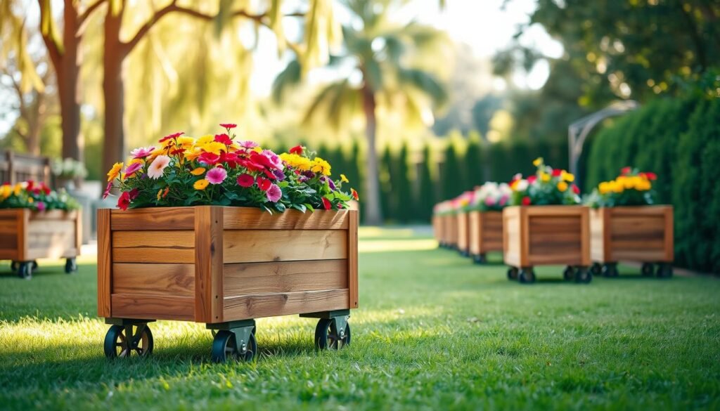 A beautifully crafted wooden rolling planter box, showcasing a rich, natural wood grain finish, positioned in the foreground on a lush green lawn. The planter is filled with vibrant, blooming flowers in a cheerful array of colors, creating a striking contrast against the warm tones of the wood. In the middle ground, there are rows of similar planters, each on sturdy wheels, enhancing the theme of flexibility in backyard layouts. The background features a sunlit garden with tall trees and soft, diffused sunlight filtering through the leaves, creating an airy and inviting atmosphere. This image captures a serene moment, inviting the viewer to imagine the ease of moving these planters to different spots in a backyard. The overall mood is warm, welcoming, and infused with a sense of creativity and outdoor charm. A beautifully crafted wooden rolling planter box, showcasing a rich, natural wood grain finish, positioned in the foreground on a lush green lawn. The planter is filled with vibrant, blooming flowers in a cheerful array of colors, creating a striking contrast against the warm tones of the wood. In the middle ground, there are rows of similar planters, each on sturdy wheels, enhancing the theme of flexibility in backyard layouts. The background features a sunlit garden with tall trees and soft, diffused sunlight filtering through the leaves, creating an airy and inviting atmosphere. This image captures a serene moment, inviting the viewer to imagine the ease of moving these planters to different spots in a backyard. The overall mood is warm, welcoming, and infused with a sense of creativity and outdoor charm.
