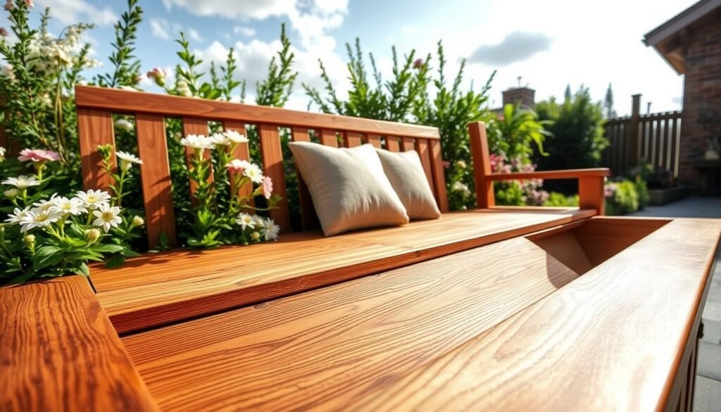 A beautifully crafted wooden storage bench designed for outdoor use, showcasing classic woodworking techniques. The foreground features intricate joinery and a smooth, polished surface, revealing fine grain patterns in rich, warm tones of cedar and pine. In the middle, the bench is surrounded by lush greenery, complemented by blooming flowers, creating a serene garden atmosphere. A soft, inviting cushion rests on the bench, hinting at comfort and usability. The background includes a bright, sunny sky with soft clouds, adding a cheerful ambiance. The scene is illuminated by natural sunlight, casting gentle shadows that enhance the three-dimensional quality of the wood. The composition is well-balanced, evoking a sense of tranquility and craftsmanship, perfect for outdoor relaxation. A beautifully crafted wooden storage bench designed for outdoor use, showcasing classic woodworking techniques. The foreground features intricate joinery and a smooth, polished surface, revealing fine grain patterns in rich, warm tones of cedar and pine. In the middle, the bench is surrounded by lush greenery, complemented by blooming flowers, creating a serene garden atmosphere. A soft, inviting cushion rests on the bench, hinting at comfort and usability. The background includes a bright, sunny sky with soft clouds, adding a cheerful ambiance. The scene is illuminated by natural sunlight, casting gentle shadows that enhance the three-dimensional quality of the wood. The composition is well-balanced, evoking a sense of tranquility and craftsmanship, perfect for outdoor relaxation.