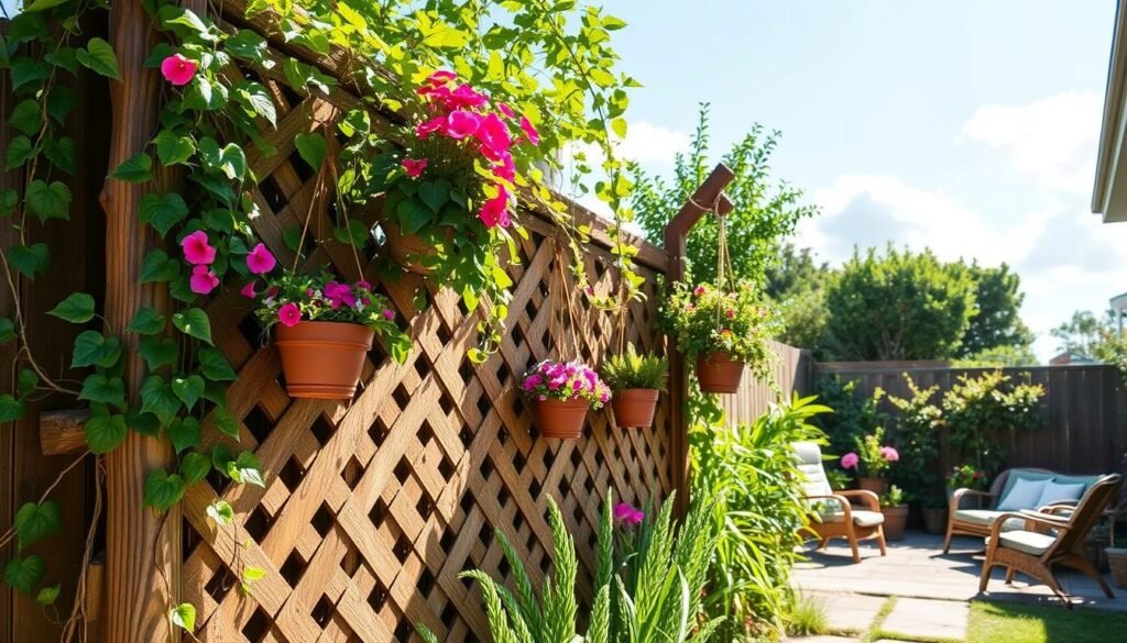 A beautifully designed DIY decorative garden fence panel crafted from reclaimed wood, adorned with colorful climbing vines and hanging planters filled with vibrant flowers. In the foreground, a rustic wooden fence section stands out, showcasing artistic lattice work and cheerful potted plants that add charm. The middle ground features a well-kept backyard with lush greenery and a cozy seating area, where sunlight filters through the leaves, casting playful shadows. The background is a serene setting with a clear blue sky and a few fluffy white clouds, enhancing the peaceful vibe. The lighting is bright and natural, creating an airy atmosphere that invites relaxation and creativity. This scene captures the essence of how a plain fence can be transformed into a stunning backyard feature. A beautifully designed DIY decorative garden fence panel crafted from reclaimed wood, adorned with colorful climbing vines and hanging planters filled with vibrant flowers. In the foreground, a rustic wooden fence section stands out, showcasing artistic lattice work and cheerful potted plants that add charm. The middle ground features a well-kept backyard with lush greenery and a cozy seating area, where sunlight filters through the leaves, casting playful shadows. The background is a serene setting with a clear blue sky and a few fluffy white clouds, enhancing the peaceful vibe. The lighting is bright and natural, creating an airy atmosphere that invites relaxation and creativity. This scene captures the essence of how a plain fence can be transformed into a stunning backyard feature.