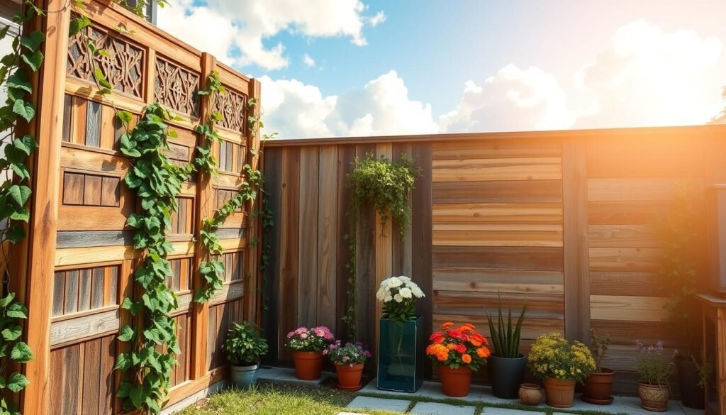A beautifully designed DIY screen wall made from reclaimed wood, showcasing various styles and textures of wooden planks. In the foreground, the screen wall stands tall, featuring intricate patterns and a rustic finish, with green vines gently climbing along the sides. The middle ground includes a cozy garden with blooming flowers and potted plants, adding vibrant colors that contrast with the warm tones of the wood. In the background, a clear blue sky and soft clouds can be seen, illuminated by bright natural light, giving an inviting and serene atmosphere. The scene is captured from a slightly elevated angle, emphasizing the craftsmanship and creativity involved in the DIY project. The overall mood is peaceful and inspiring, perfect for gardening enthusiasts looking to enhance their outdoor space. A beautifully designed DIY screen wall made from reclaimed wood, showcasing various styles and textures of wooden planks. In the foreground, the screen wall stands tall, featuring intricate patterns and a rustic finish, with green vines gently climbing along the sides. The middle ground includes a cozy garden with blooming flowers and potted plants, adding vibrant colors that contrast with the warm tones of the wood. In the background, a clear blue sky and soft clouds can be seen, illuminated by bright natural light, giving an inviting and serene atmosphere. The scene is captured from a slightly elevated angle, emphasizing the craftsmanship and creativity involved in the DIY project. The overall mood is peaceful and inspiring, perfect for gardening enthusiasts looking to enhance their outdoor space.
