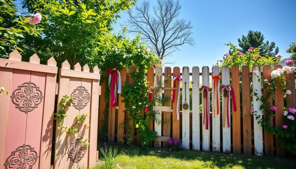 A beautifully designed backyard featuring an array of budget-friendly fence makeover ideas, showcasing various DIY decorative garden fence panels for privacy. In the foreground, there are charming wooden panels painted in soft pastels with intricate patterns and climbing plants. The middle ground displays a mix of repurposed materials, such as old pallets and ribbons, creating a vibrant patchwork effect. In the background, lush greenery and blooming flowers accentuate the scene under bright, natural light, casting gentle shadows. The atmosphere is cheerful and inviting, emphasizing creativity and resourcefulness. The composition is captured from a low angle, allowing for a panoramic view that highlights the charming fence designs while enhancing the sense of space and tranquility in the garden. A beautifully designed backyard featuring an array of budget-friendly fence makeover ideas, showcasing various DIY decorative garden fence panels for privacy. In the foreground, there are charming wooden panels painted in soft pastels with intricate patterns and climbing plants. The middle ground displays a mix of repurposed materials, such as old pallets and ribbons, creating a vibrant patchwork effect. In the background, lush greenery and blooming flowers accentuate the scene under bright, natural light, casting gentle shadows. The atmosphere is cheerful and inviting, emphasizing creativity and resourcefulness. The composition is captured from a low angle, allowing for a panoramic view that highlights the charming fence designs while enhancing the sense of space and tranquility in the garden.