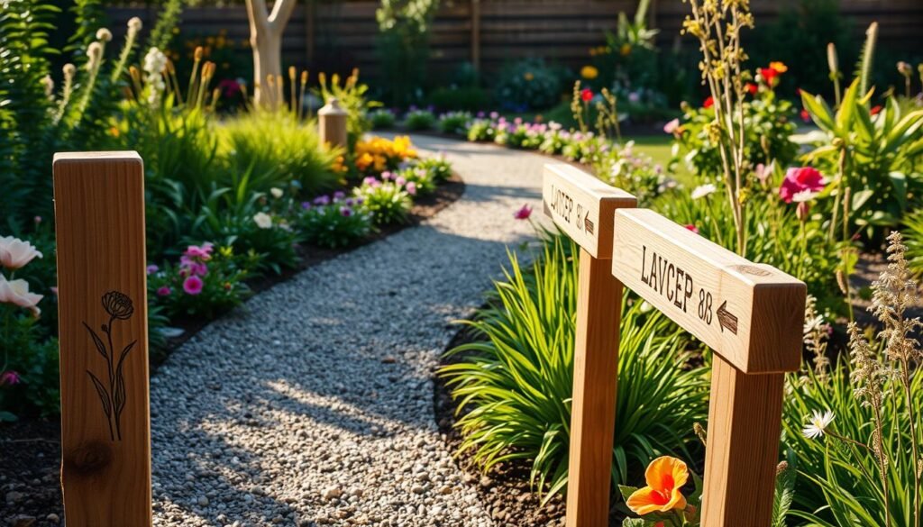 A beautifully designed backyard garden path showcasing well-crafted DIY marker posts along each side. In the foreground, intricately detailed wooden marker posts stand tall, featuring tasteful engravings of garden plants and flowers. The middle ground reveals a winding gravel path bordered by lush greenery and colorful flower beds, drawing the eye along its gentle curve. In the background, a vibrant garden filled with various plants adds depth and interest. The scene is bathed in soft, warm sunlight, casting gentle shadows and creating an inviting atmosphere. The angle captures the path from a slightly elevated perspective, emphasizing its inviting nature and highlighting the importance of thoughtful design in garden paths. The overall mood is serene and inspiring, perfect for a backyard DIY project.
