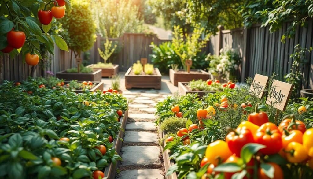 A beautifully designed backyard vegetable garden, featuring a variety of vibrant plants in neat rows. In the foreground, colorful tomatoes and bell peppers are ripe and ready for harvest, surrounded by lush green basil and rosemary. The middle space reveals an organized layout with raised wooden garden beds, each labeled with rustic wooden signs. A stone path winds through the garden, allowing easy access. In the background, a rustic wooden fence and a few flowering shrubs provide a touch of greenery. Bright, natural light filters through the leaves, creating a warm, inviting atmosphere. The scene is captured from a slightly elevated angle with a gentle depth of field, emphasizing the richness of the garden’s colors while maintaining a serene, peaceful mood.
