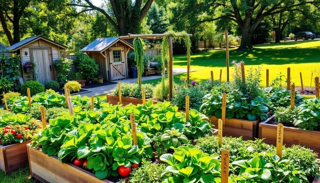 A beautifully designed backyard vegetable garden, showcasing a variety of flourishing plants arranged in raised wooden beds. In the foreground, vibrant green lettuce, tomatoes, and herbs create a lush tapestry of colors, with wooden garden markers elegantly displaying each plant's name. The middle ground features a rustic trellis adorned with climbing beans and cucumbers, while a small, charming shed adds character. The background reveals a sun-dappled lawn and mature trees, filtering soft sunlight that casts gentle shadows across the garden. The scene is captured from a slightly elevated angle to provide a comprehensive view of the layout, evoking a sense of harmony and tranquility, emphasizing the productive and functional nature of the food garden. The overall atmosphere is inviting and serene, ideal for inspiring gardening enthusiasts.
