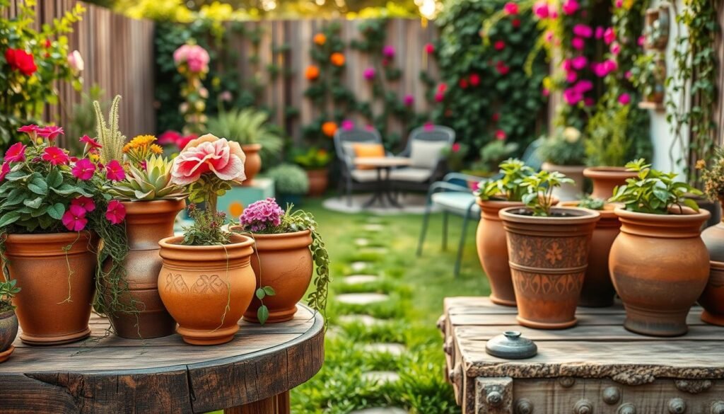 A beautifully designed container garden layout, showcasing a variety of unique pots filled with vibrant flowers, lush greenery, and aromatic herbs. In the foreground, a rustic wooden table displays intricately styled terracotta and ceramic containers, arranged organically with trailing vines spilling over the edges. The middle ground reveals a verdant pathway lined with colorful blossoms and decorative stones, leading to an inviting seating area featuring elegant outdoor furniture. The background features a softly blurred fence adorned with climbing plants, bathed in warm, soft sunlight that highlights the textures of the containers and foliage. Capture this scene from a slightly elevated angle to provide depth, evoking a serene and inviting atmosphere perfect for relaxation and enjoyment in a unique, stylish garden setting.