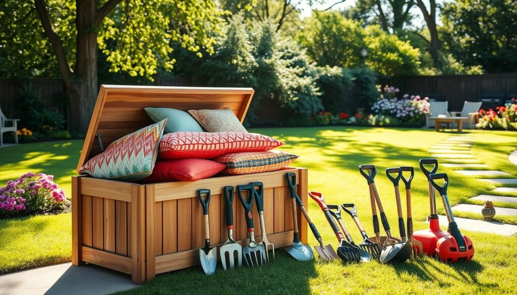 A beautifully designed innovative outdoor cushion storage solution, positioned in a serene backyard setting. In the foreground, a stylish wooden storage box with a hinged lid, crafted from durable weather-resistant materials, overflowing with vibrant outdoor cushions in assorted colors and patterns. In the middle ground, a variety of garden tools organized neatly beside the box, showcasing functionality. The background features a lush green lawn dotted with flowering plants and a garden pathway. The scene is illuminated by bright, soft sunlight filtering through trees, creating a warm, inviting atmosphere. A wide-angle perspective captures the essence of outdoor organization for a cozy and stylish backyard retreat. A beautifully designed innovative outdoor cushion storage solution, positioned in a serene backyard setting. In the foreground, a stylish wooden storage box with a hinged lid, crafted from durable weather-resistant materials, overflowing with vibrant outdoor cushions in assorted colors and patterns. In the middle ground, a variety of garden tools organized neatly beside the box, showcasing functionality. The background features a lush green lawn dotted with flowering plants and a garden pathway. The scene is illuminated by bright, soft sunlight filtering through trees, creating a warm, inviting atmosphere. A wide-angle perspective captures the essence of outdoor organization for a cozy and stylish backyard retreat.