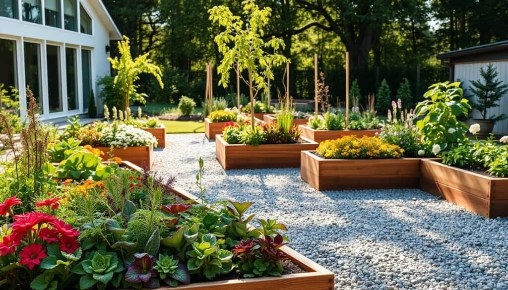 A beautifully designed layout of raised garden beds arranged in a modern backyard setting. In the foreground, vibrant raised beds filled with an array of lush vegetables, herbs, and flowering plants, showcasing their rich colors and textures. The middle ground features a gravel pathway leading through the garden, bordered by elegant wooden edging. In the background, a contemporary home with large windows allows natural light to pour in, surrounded by greenery and mature trees. Soft sunlight illuminates the scene, casting gentle shadows and enhancing the freshness of the plants. The overall mood is serene and inviting, ideal for modern gardening enthusiasts. The image captures a perfect blend of functionality and aesthetic appeal, embodying the strategic use of garden beds in a stylish manner.