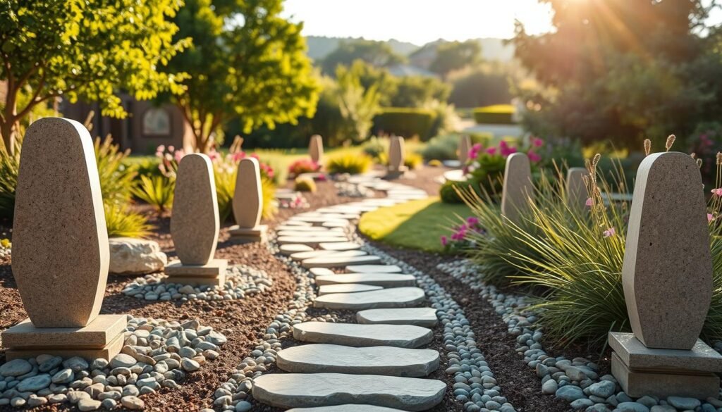 A beautifully designed outdoor garden featuring a pathway accentuated by elegant stone and pebble marker posts. In the foreground, showcase a series of uniquely shaped stone posts with smooth pebbles surrounding their bases, designed for modern aesthetics. In the middle ground, depict a winding pathway made of natural stones, interspersed with contrasting colorful pebbles, leading through vibrant greenery and blooming flowers. In the background, include a soft, blurred landscape of lush trees and shrubs under bright, natural sunlight, conveying a serene and inviting atmosphere. Capture the scene from a slightly elevated angle to emphasize the design of the marker posts and the flow of the path, illuminated by soft sunlight for a warm and airy feel. The overall mood should be harmonious and tranquil, perfect for a modern backyard setting.