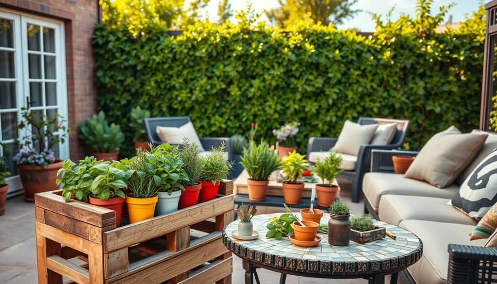 A beautifully designed patio scene featuring a variety of DIY herb planters. In the foreground, showcase a wooden pallet planter filled with vibrant herbs like basil, rosemary, and thyme, with colorful ceramic pots. The middle ground includes a mosaic-tiled table adorned with small herb cuttings and gardening tools, surrounded by comfortable seating. The background displays a lush green wall of climbing plants and a bright blue sky, illuminated by warm, soft sunlight that casts gentle shadows. The atmosphere should feel cozy and inviting, ideal for a home gardening enthusiast. Ensure the image captures a sense of creativity and purpose in herb gardening, with no people present.
