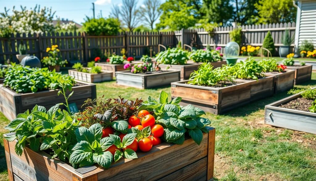 A beautifully designed raised vegetable garden in a backyard setting, showcasing an array of vibrant vegetables and herbs. In the foreground, a sturdy wooden raised bed filled with lush, green lettuce, ripening tomatoes, and fragrant basil. The middle ground features a neatly organized layout of various raised garden beds, each uniquely designed with weathered wood and surrounded by colorful flowers and ornamental plants. In the background, a charming rustic fence and a hint of blooming trees under a clear blue sky. Soft sunlight bathes the scene, creating an inviting and serene atmosphere. The image conveys a sense of tranquility and harmony with nature, perfect for a backyard landscape design.