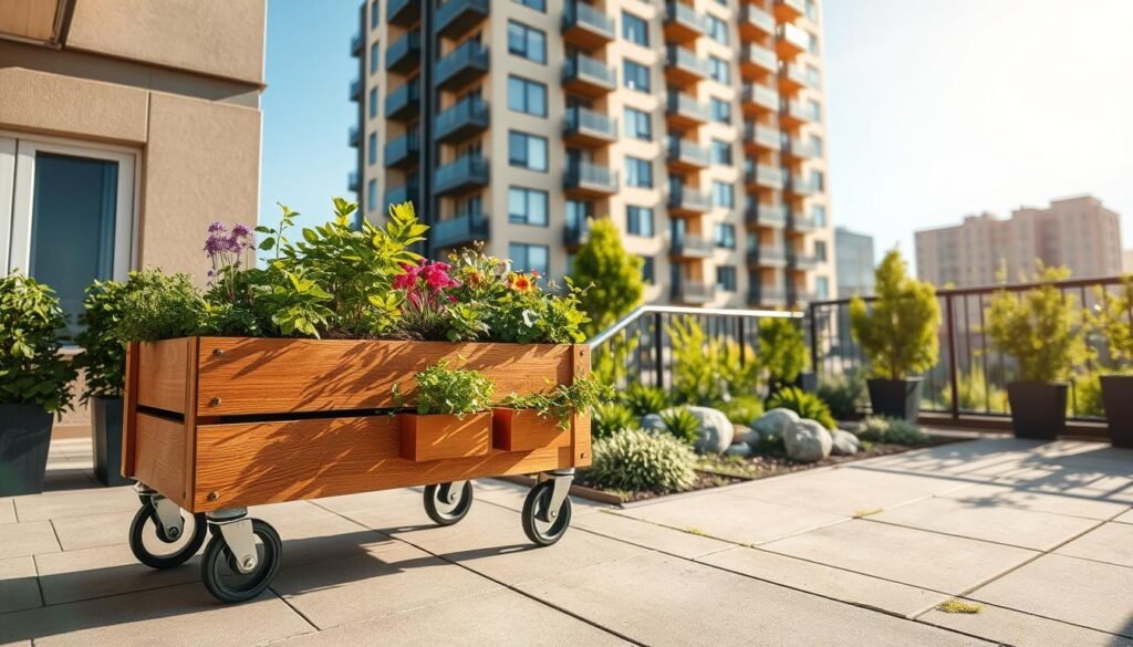 A beautifully designed rolling planter for urban gardening, featuring a wooden structure with vibrant herbs and flowers in containers. In the foreground, the planter is displayed on a patio, showcasing its mobility with wheels. The middle ground includes an inviting small garden space, filled with greenery and decorative stones. In the background, a stylish urban apartment building looms, framed by clear blue skies and soft, natural sunlight. Capture this scene from a slightly elevated angle to emphasize the planter’s functionality and make the space feel airy and larger. The atmosphere should be warm and inviting, highlighting the embrace of nature in a small urban environment, with bright light casting gentle shadows.