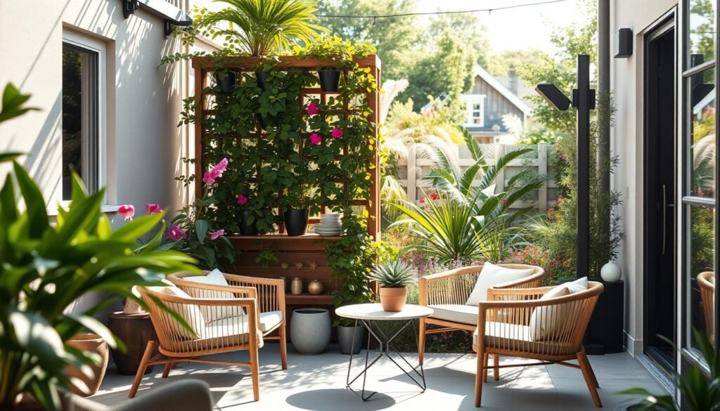 A beautifully designed small outdoor space that maximizes its potential, featuring a cozy patio area with elegant, minimalist furniture arranged for conversation. In the foreground, include a stylish small table with potted plants and a few comfortable chairs made of natural materials. In the middle, showcase a lush vertical garden climbing a wooden trellis, creating a sense of depth and greenery. The background should feature a soft-focus view of a charming garden with vibrant flowers and waving grasses, bathed in bright natural light. Capture the scene with a wide-angle lens, emphasizing a warm, inviting atmosphere. Soft sunlight filters through the leaves, casting gentle shadows, enhancing the feeling of a serene and spacious outdoor retreat. A beautifully designed small outdoor space that maximizes its potential, featuring a cozy patio area with elegant, minimalist furniture arranged for conversation. In the foreground, include a stylish small table with potted plants and a few comfortable chairs made of natural materials. In the middle, showcase a lush vertical garden climbing a wooden trellis, creating a sense of depth and greenery. The background should feature a soft-focus view of a charming garden with vibrant flowers and waving grasses, bathed in bright natural light. Capture the scene with a wide-angle lens, emphasizing a warm, inviting atmosphere. Soft sunlight filters through the leaves, casting gentle shadows, enhancing the feeling of a serene and spacious outdoor retreat.
