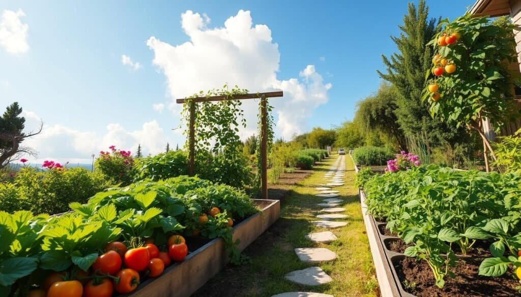 A beautifully designed veggie garden layout fills the foreground, showcasing lush, colorful plants like tomatoes, lettuce, and bell peppers arranged in neat, raised beds. In the middle ground, a rustic wooden trellis supports climbing vines, and a winding path of natural stones invites the viewer to explore. The background features a bright blue sky with soft, billowy clouds, filtered light casting gentle shadows over the garden. Sunlight bathes the scene in warmth, enhancing the vibrant colors of the foliage and the earthy tones of the garden bed and path. The atmosphere is tranquil and inviting, evoking a sense of harmony and productivity in this functional garden design.