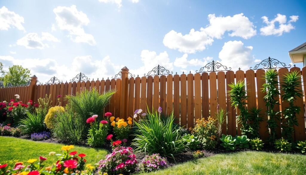 A beautifully enhanced backyard featuring a decorative garden fence panel that adds curb appeal. In the foreground, a well-manicured garden showcases colorful flowers and lush greenery, complementing the wooden fence adorned with artistic decorative toppers, creating a stunning visual effect. The middle-ground includes the fence, painted in a warm tone, highlighting its intricate designs and craftsmanship. In the background, a softly lit blue sky and scattered fluffy clouds create an inviting atmosphere. The scene is bathed in bright, natural sunlight, casting gentle shadows and enhancing the vibrancy of colors. The overall mood is cheerful and refreshing, embodying a perfect DIY project for enhancing outdoor spaces. The viewpoint captures the scene from an inviting angle, focusing on the fence and garden, with a sense of depth and perspective. A beautifully enhanced backyard featuring a decorative garden fence panel that adds curb appeal. In the foreground, a well-manicured garden showcases colorful flowers and lush greenery, complementing the wooden fence adorned with artistic decorative toppers, creating a stunning visual effect. The middle-ground includes the fence, painted in a warm tone, highlighting its intricate designs and craftsmanship. In the background, a softly lit blue sky and scattered fluffy clouds create an inviting atmosphere. The scene is bathed in bright, natural sunlight, casting gentle shadows and enhancing the vibrancy of colors. The overall mood is cheerful and refreshing, embodying a perfect DIY project for enhancing outdoor spaces. The viewpoint captures the scene from an inviting angle, focusing on the fence and garden, with a sense of depth and perspective.