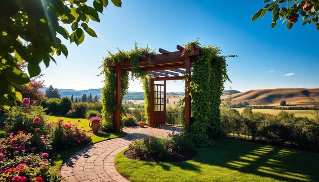 A beautifully landscaped garden featuring a stylish wooden trellis adorned with vibrant climbing plants such as roses and ivy. In the foreground, a gently curved pathway leads to the trellis, bordered by colorful flower beds and lush greenery. The middle ground showcases the trellis with richly textured wood and intricate details, while the background reveals a serene landscape with soft rolling hills under a bright blue sky. Sunlight filters through the leaves, casting delicate shadows on the ground, creating an inviting atmosphere. The scene is captured with a wide-angle lens to emphasize depth, bathed in warm, natural light, evoking a tranquil and harmonious feel in the garden.