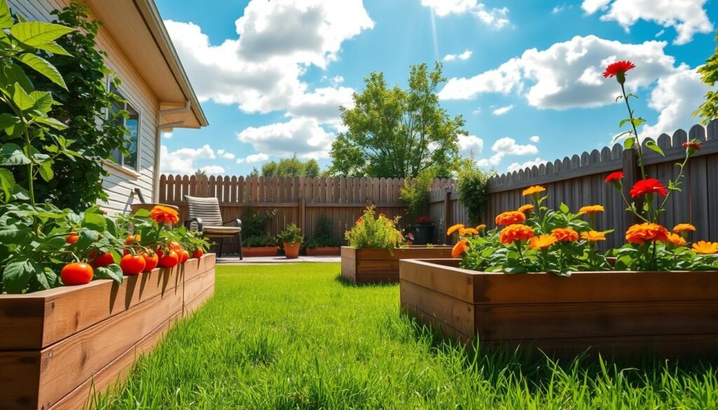 A beautifully manicured small backyard featuring several raised garden beds filled with vibrant vegetables and colorful flowers. In the foreground, a wooden raised bed showcases ripe tomatoes and leafy greens, while another bed blooms with marigolds. Lush green grass surrounds the beds, leading to a cozy seating area with simple garden furniture. The middle ground contains a few potted herbs adding to the greenery, and a wooden fence partially encloses the area, contributing to a quaint, private atmosphere. In the background, a bright blue sky dotted with fluffy white clouds filters soft sunlight onto the scene, creating a warm and inviting ambiance. The angle captures the garden beds at a slight elevation, emphasizing their neat arrangement and thriving plants, across a tranquil and inspiring backyard setting.