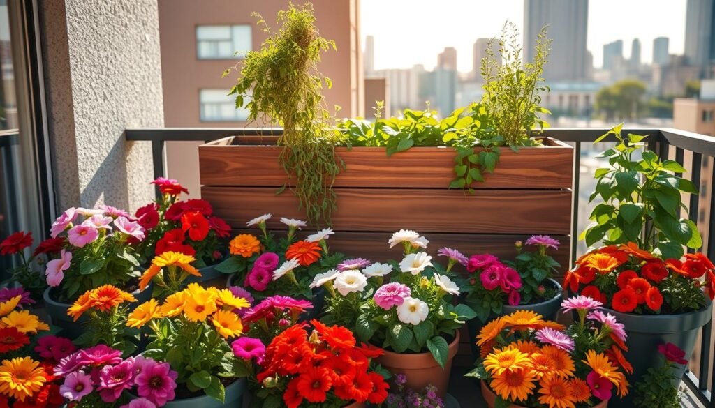A beautifully organized container flower garden layout displayed on a small balcony. In the foreground, colorful pots filled with blooming flowers such as petunias, marigolds, and geraniums, arranged in an artistic pattern. The middle layer features stylish wooden planters with trailing vines and herbs, adding texture and depth. In the background, a sun-drenched urban skyline visible, bathed in soft sunlight that creates a warm and inviting atmosphere. The scene is captured from a slightly elevated angle to showcase the plants' vibrant colors and arrangement. The overall mood is cheerful and refreshing, perfect for illustrating the joys of container gardening in small spaces.