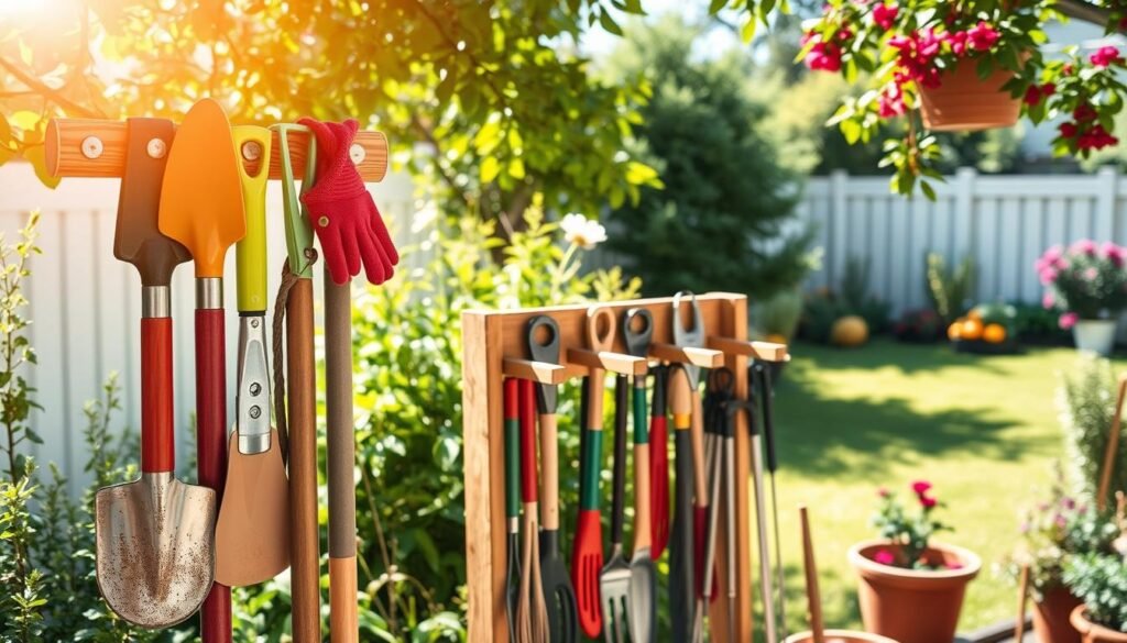 A beautifully organized garden tool rack prominently displayed in a bright, airy backyard setting. In the foreground, colorful gardening tools like trowels, pruners, and gloves are neatly hung on rustic wooden pegs, all bathed in soft, natural sunlight. The middle of the scene features a sturdy wooden rack, designed for efficiency, showcasing various tools aligned orderly, reflecting a commitment to organization and maintenance. In the background, lush green plants, vibrant flowers, and a well-maintained lawn create a serene outdoor atmosphere. Sunlight filters through leaves, casting gentle shadows, enhancing the inviting mood. Capture this scene from a slightly angled perspective to emphasize depth, with a warm color palette evoking a feeling of inspiration and creativity. A beautifully organized garden tool rack prominently displayed in a bright, airy backyard setting. In the foreground, colorful gardening tools like trowels, pruners, and gloves are neatly hung on rustic wooden pegs, all bathed in soft, natural sunlight. The middle of the scene features a sturdy wooden rack, designed for efficiency, showcasing various tools aligned orderly, reflecting a commitment to organization and maintenance. In the background, lush green plants, vibrant flowers, and a well-maintained lawn create a serene outdoor atmosphere. Sunlight filters through leaves, casting gentle shadows, enhancing the inviting mood. Capture this scene from a slightly angled perspective to emphasize depth, with a warm color palette evoking a feeling of inspiration and creativity.