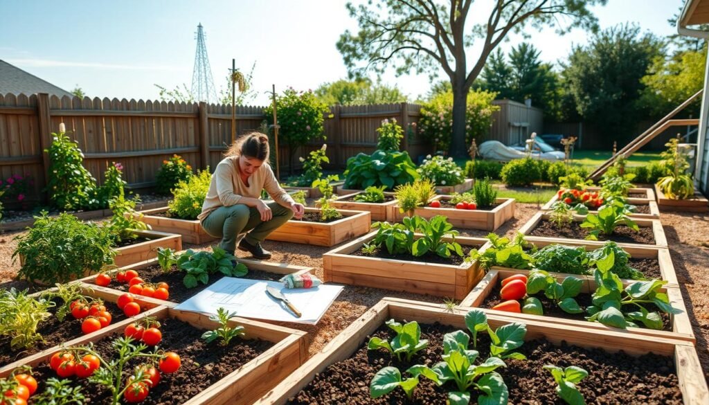 A beautifully organized raised bed vegetable garden in a residential backyard, showcasing a variety of colorful vegetables like tomatoes, peppers, and leafy greens. In the foreground, wooden raised beds neatly arranged in a grid pattern, filled with rich soil and healthy plants. The middle ground features a gardener in modest casual clothing, crouched down, sketching a layout plan on a notepad surrounded by gardening tools like a trowel and gloves. The background includes a quaint wooden fence and blooming flowers, with a clear blue sky and soft sunlight filtering through trees, casting gentle shadows. The atmosphere is serene and inspiring, ideal for a planning stage of an ideal vegetable garden layout.