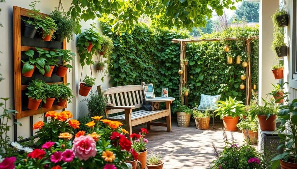 A beautifully organized small garden space displayed in a bright, airy environment. In the foreground, vibrant flowers in planters and vertical gardening structures filled with herbs and leafy greens. The middle ground features a compact seating area with a rustic wooden bench and a small table adorned with gardening tools and seed packets. The background showcases a charming trellis with climbing plants and a lush green wall for privacy, under soft sunlight filtering through leaves. The scene encapsulates tranquility and creativity, inviting viewers to imagine their own garden planning possibilities. The overall atmosphere is warm and inviting, perfect for inspiring small space gardening enthusiasts.
