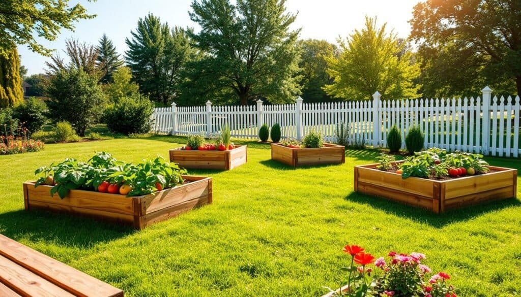 A beautifully organized vegetable garden box layout featuring four wooden raised garden beds arranged in a diamond pattern on a vibrant green lawn. Each box is overflowing with a variety of thriving vegetables, such as tomatoes, peppers, and lettuce, showcasing different textures and colors. In the foreground, a wooden garden bench complements the scene, surrounded by colorful flowers in bloom. The middle ground captures the garden boxes with rich soil and meticulous planting, while the background features a white picket fence and lush trees basking in soft sunlight. The atmosphere is bright and inviting, emphasizing a sense of tranquility and abundance, with a clear blue sky overhead and warm, natural lighting that enhances the verdant hues of the garden.
