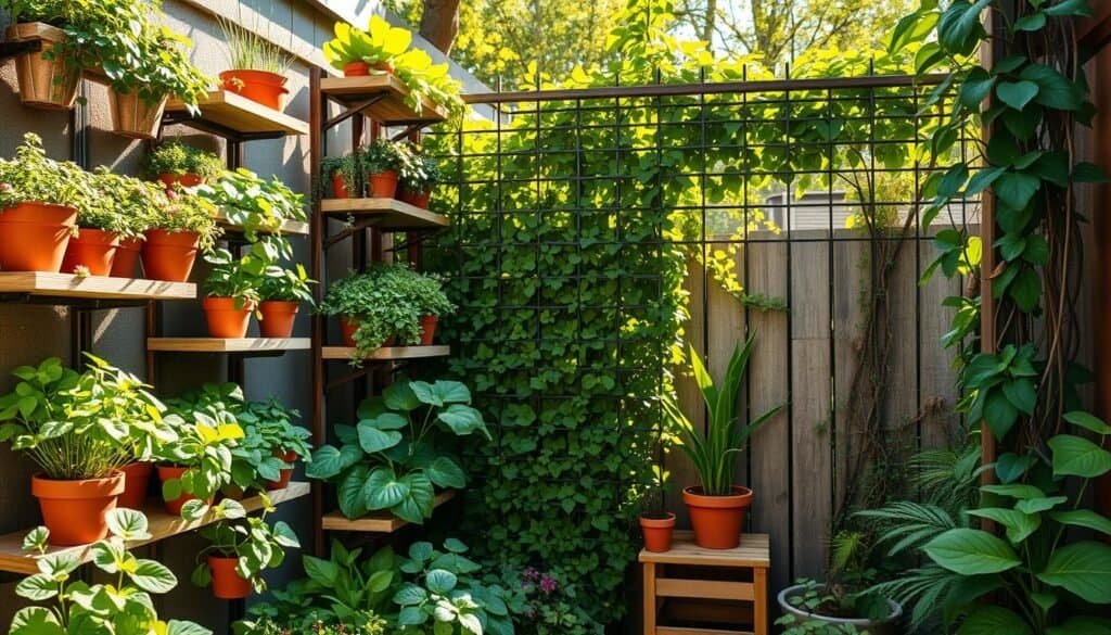 A beautifully organized vertical garden in a small urban backyard. In the foreground, vibrant green plants cascading from multi-tiered wooden shelves, showcasing diverse herbs and flowering plants, with terracotta pots adding a rustic touch. The middle ground features a trellis adorned with climbing vines, creating a lush, green wall that adds depth. In the background, sunlight filters through trees, casting a soft golden glow across the scene. The atmosphere is tranquil and inviting, emphasizing the harmony of nature and space-efficient gardening. Use bright, natural lighting to highlight the textures of the leaves and wooden structures, shot from a slightly elevated angle to capture the full layout and the intricate details of the plants.