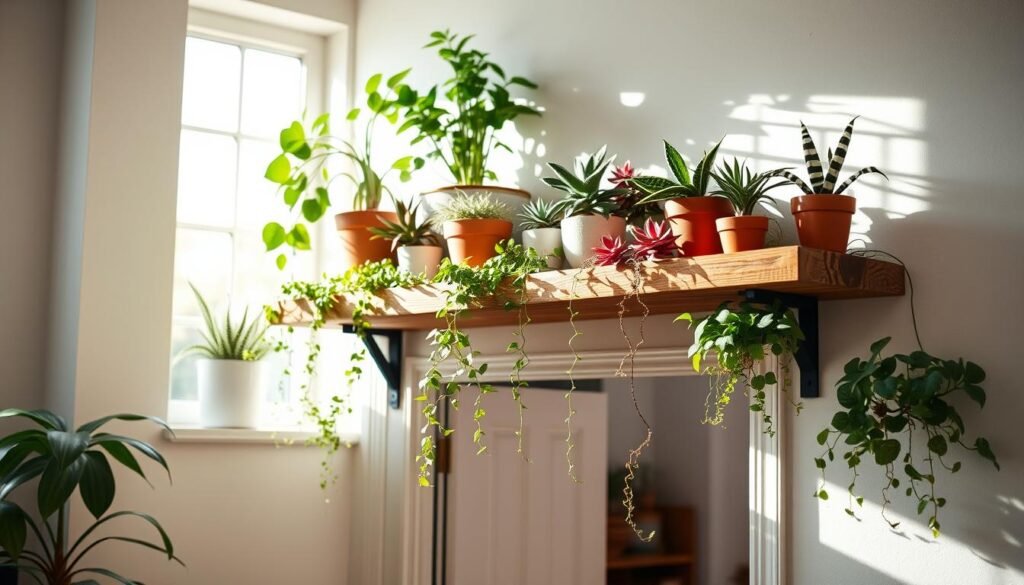 A beautifully styled plant shelf positioned above a doorway, showcasing an array of vibrant, thriving houseplants in various shapes and sizes. The foreground features a rustic wooden shelf with a smooth finish, adorned with potted succulents, trailing vines, and small ferns, all arranged to create an inviting and fresh atmosphere. The middle ground captures the doorway’s frame, painted in a soft, neutral color, complemented by the natural wood of the shelf. In the background, softened natural light streams in through a nearby window, casting gentle shadows and highlighting the lush greenery. The overall mood is bright, airy, and serene, evoking a sense of spaciousness and harmony within a small living space. Use a wide-angle lens to emphasize the shelf's placement and the interplay of light.