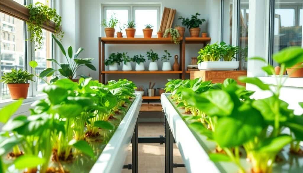 A bright and airy indoor hydroponic garden setup, showcasing a variety of vibrant green plants growing in a sleek, modern hydroponic system. The foreground features several plants in nutrient-rich water, with roots visibly reaching into the solution. In the middle, wooden shelving holds additional hydroponic units, all illuminated by soft, natural sunlight streaming in through large windows. The background includes tasteful home décor elements like potted herbs, wooden planters, and gardening tools neatly organized. The scene conveys a sense of tranquility and sustainability, emphasizing the ease of indoor gardening. The composition is shot from a slightly elevated angle, creating an inviting atmosphere. Bright, natural lighting enhances the fresh greens and the overall serene vibe of the indoor gardening space.